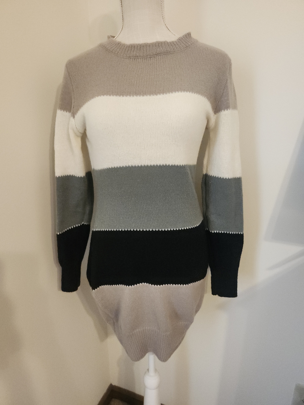 SHEIN Neutral Striped Crewneck Sweater Dress - Beige, White, Gray, Black